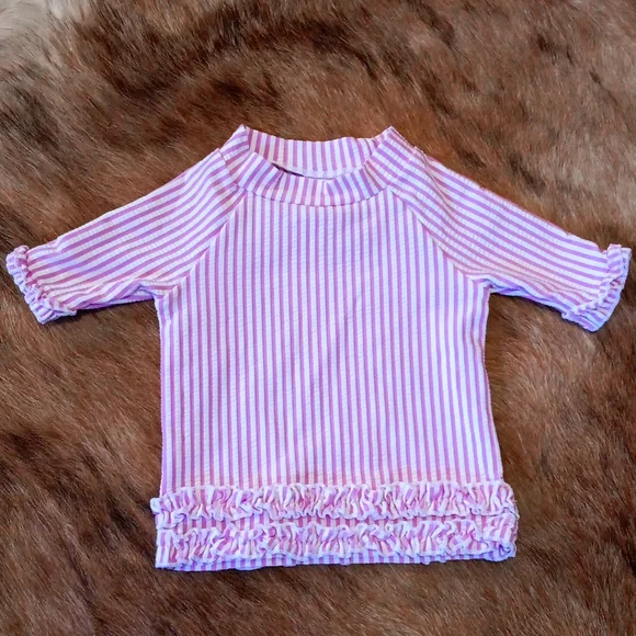 Ruffle Butt's pink white stripe seersucker 6-12 month baby girls bathing suit - Picture 2 of 4